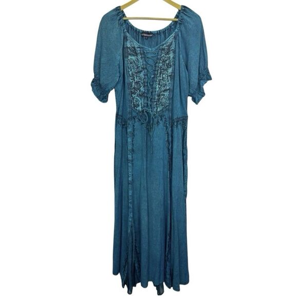 The Pyramid Collection Dresses & Skirts - Pyramid Collection Embroidered Renaissance Maxi Dress Size L Blue Bust Tie Goth